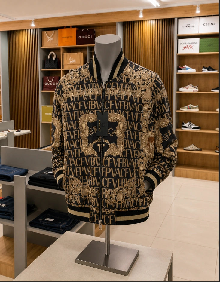 Versace Jeans Couture Black & Gold Printed Bomber Jacket.