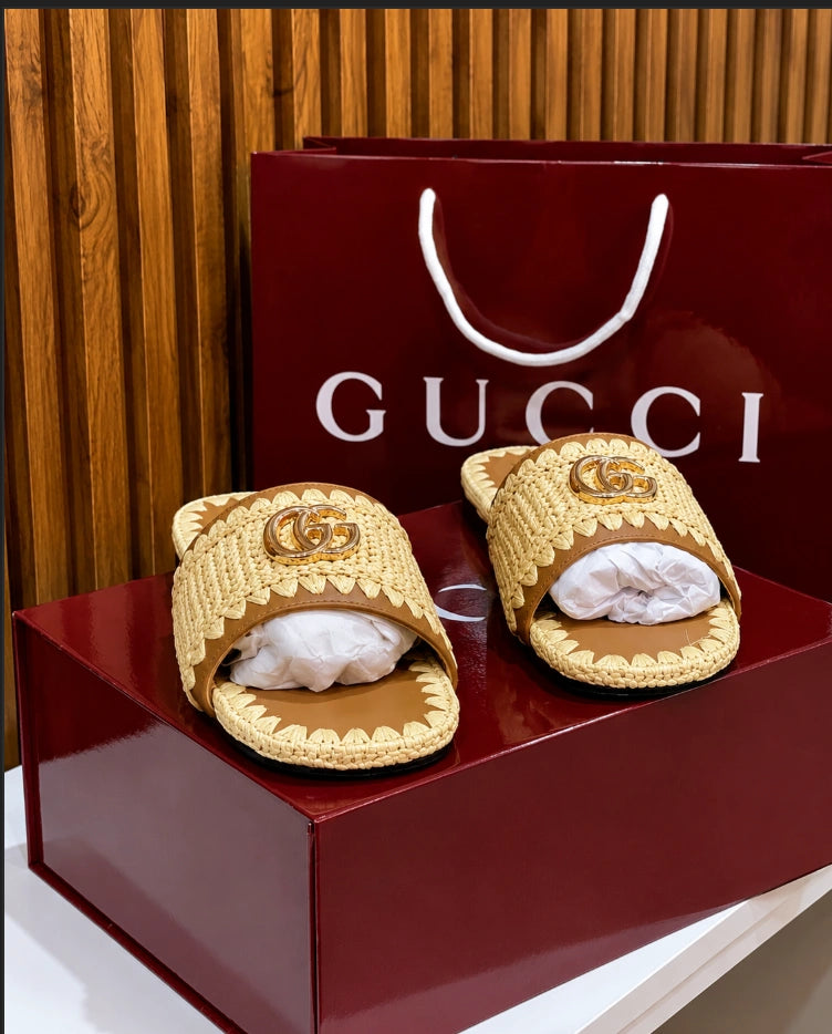 Gucci Raffia Double G Slide Sandals.