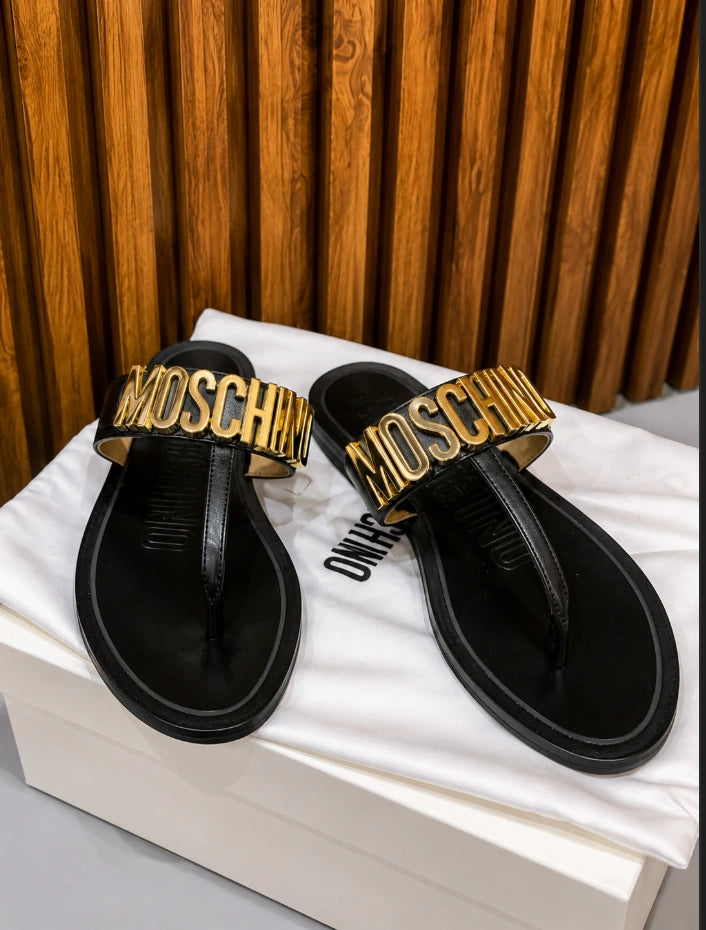 Moschino Metal Logo Lettering Thong Sandals.