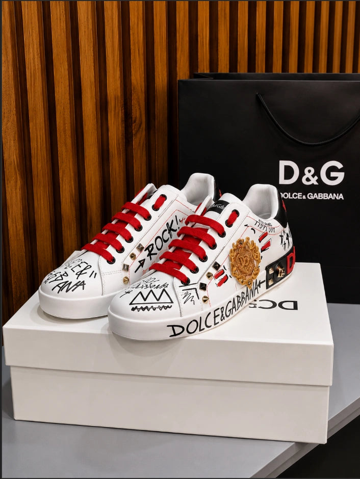 Dolce & Gabbana Portofino 'Graphic' Calfskin Sneakers with Embroidery and Studs