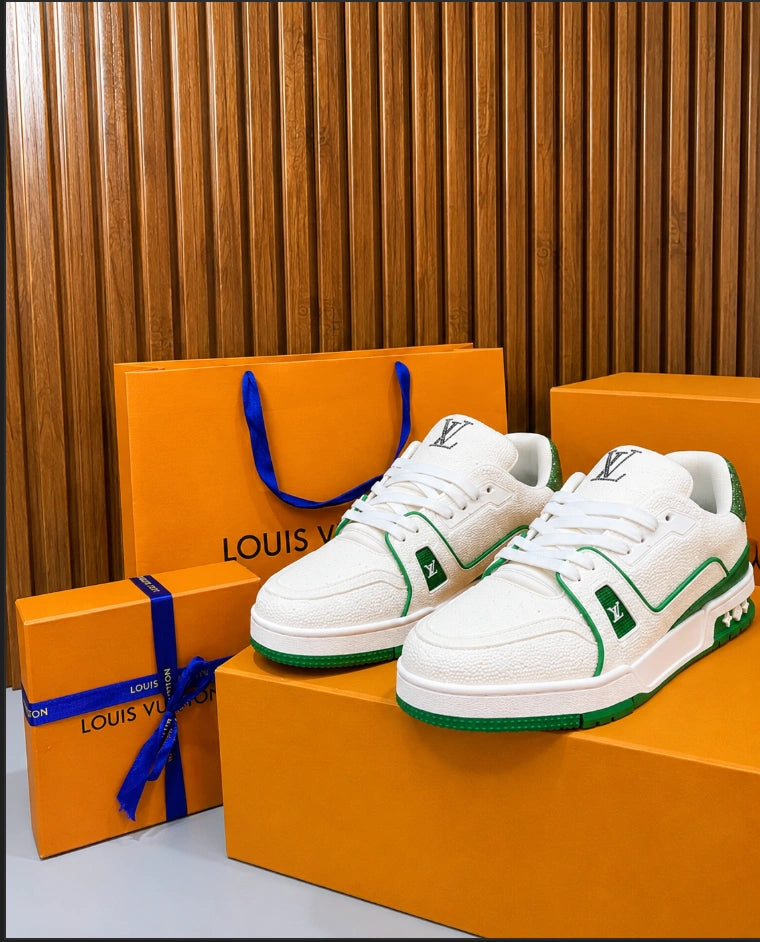 Louis Vuitton LV Trainer Sneakers in White and Green.