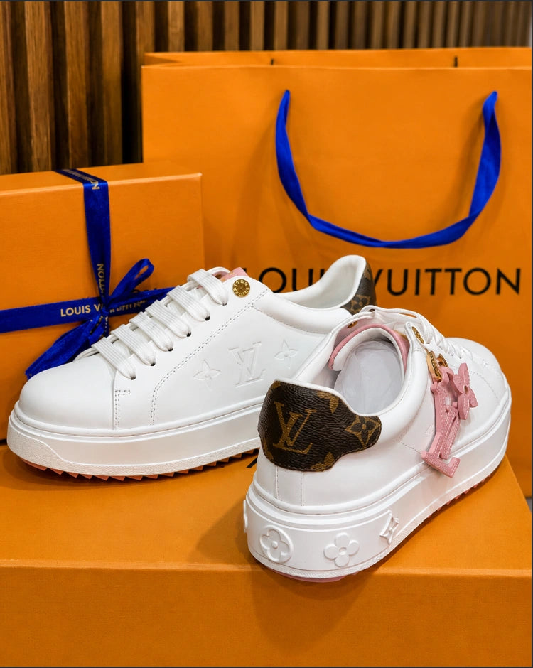 Louis Vuitton Time Out Sneakers in White, Pink, and Monogram Canvas