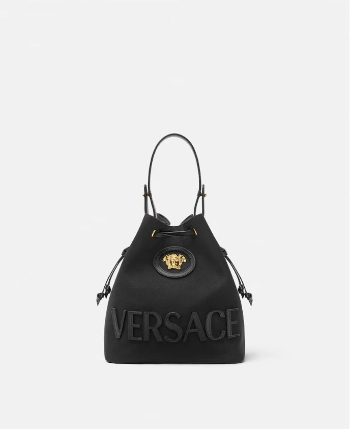 Versace La Medusa Canvas Bucket Bag In Black