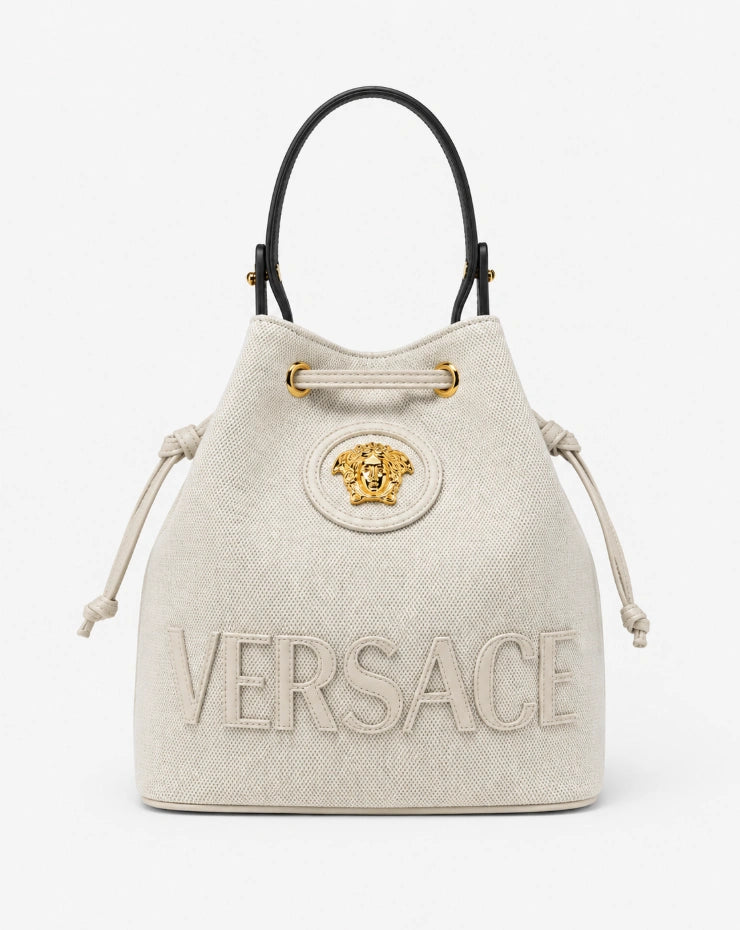 Versace La Medusa Canvas Bucket Bag in Beige / Neutrals