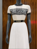 Christian Dior Signature Band Knit Short-Sleeve Sweater + Christian Dior "J'ADIOR" Pleated Maxi Skirt
