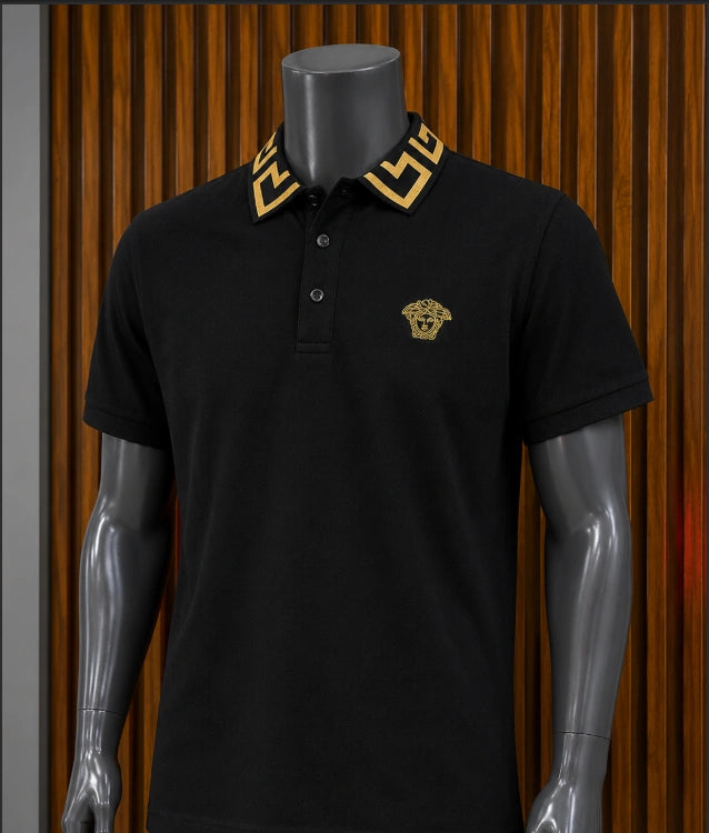 Versace Medusa Head Greca Collar Polo Shirt.