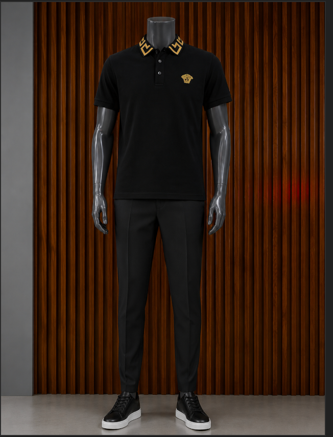 Versace Medusa Head Greca Collar Polo Shirt.