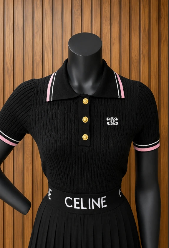 CELINE Cropped Polo in Ribbed Cotton + CELINE Pleated Skirt – Black