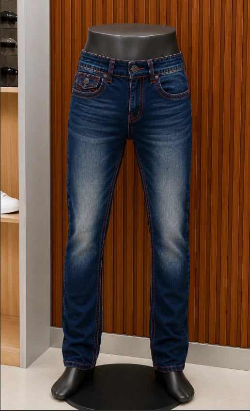 True Religion Ricky Straight Leg Jeans with Red Logo Embroidery.