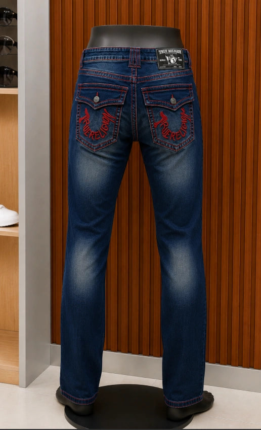 True Religion Ricky Straight Leg Jeans with Red Logo Embroidery.