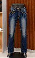 True Religion Ricky Straight Leg Jeans with Gold Script Pocket Embroidery.