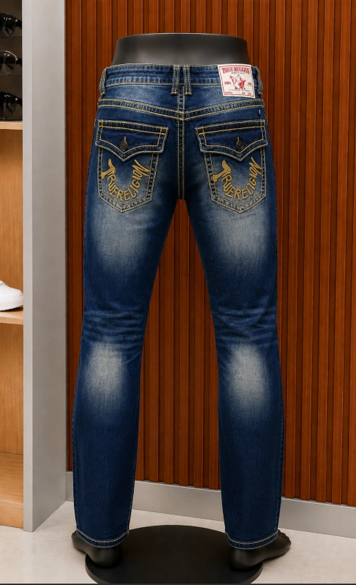 True Religion Ricky Straight Leg Jeans with Gold Script Pocket Embroidery.