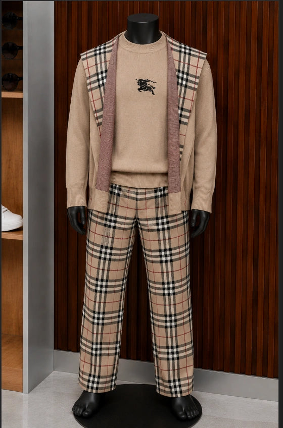 A Burberry EKD Knitted Crewneck Sweater in a beige/camel colorway + A Burberry Check Panel Knit Cardigan, draped open over the shoulders + Authentic Burberry Vintage Check Cotton Trousers.