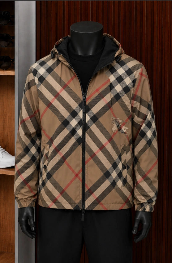 Burberry Reversible Check EKD Hooded Windbreaker Jacket.