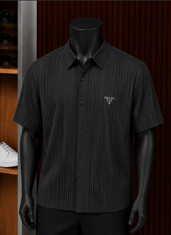 Prada Milano Plissé (Pleated) Short-Sleeve Shirt in a sleek black colorway.