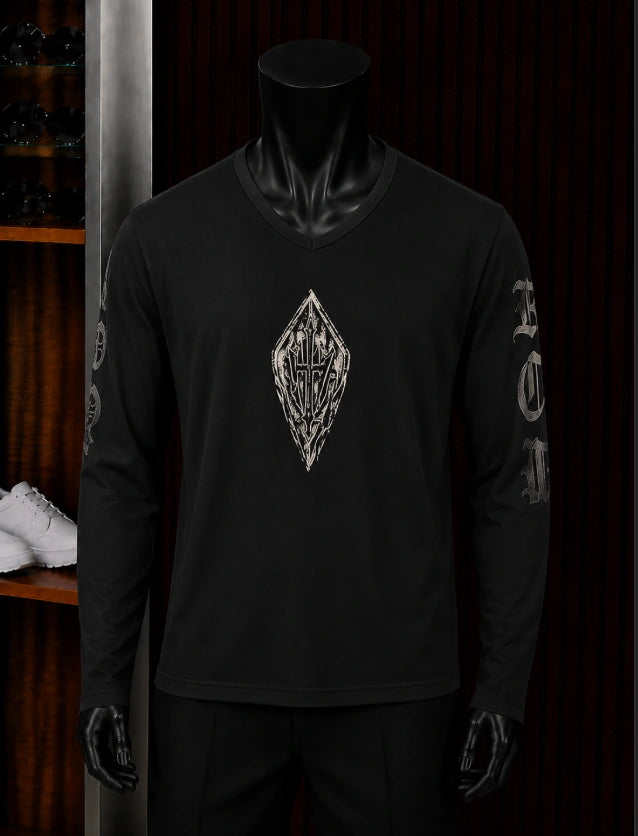 Gothic Shield V-Neck Long-Sleeve Shirt