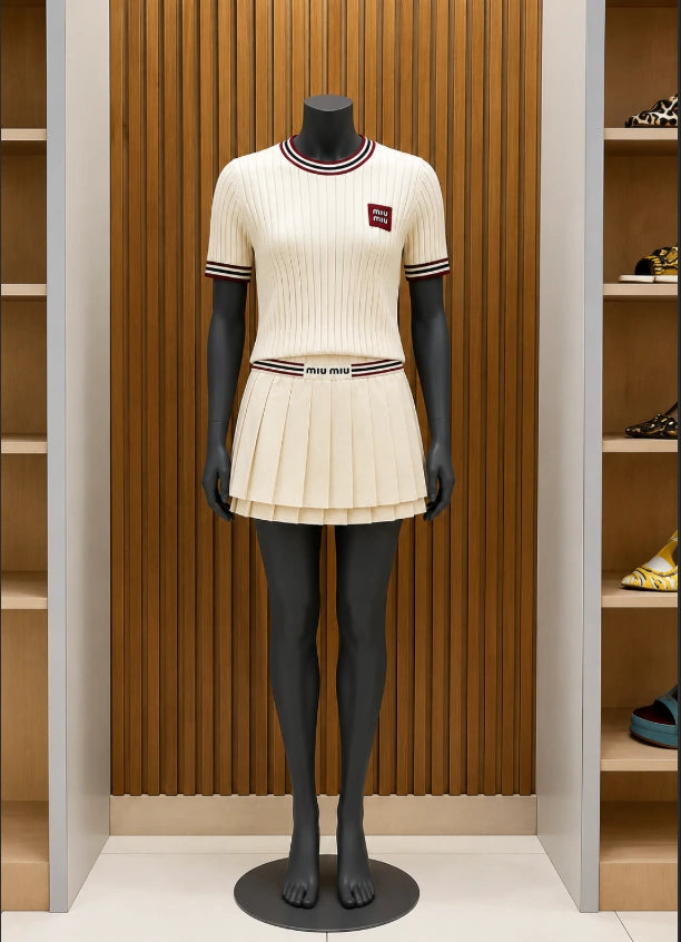Miu Miu Logo-Appliqué Cashmere Short-Sleeve Top (Natural/Beige ribbed knit with burgundy and navy striped trim)