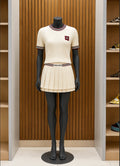 Miu Miu Logo-Appliqué Cashmere Short-Sleeve Top (Natural/Beige ribbed knit with burgundy and navy striped trim)