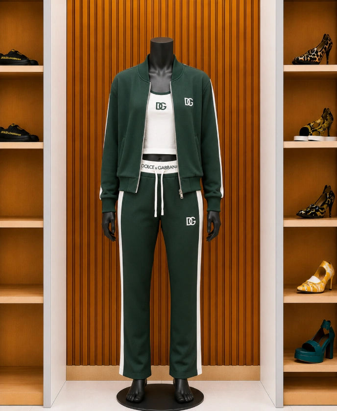 Dolce & Gabbana Interlocking DG Logo Tracksuit with Matching Crop Top, styled in a deep forest green and white colorway.