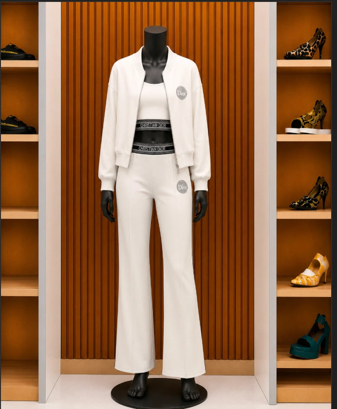 Dior Vibe Three-Piece Tracksuit Set, styled in an elegant off-white colorway.