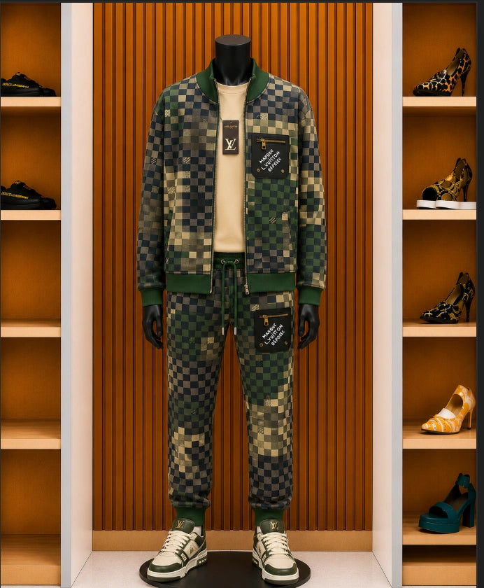 Louis Vuitton Damoflage Technical Tracksuit, a flagship ensemble from Pharrell Williams' debut collection for the house