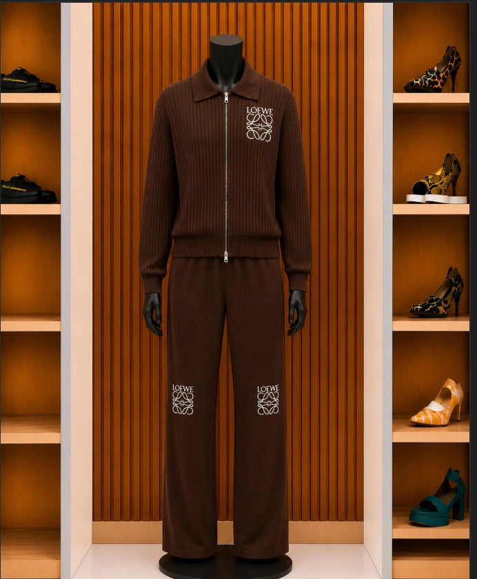Loewe Ribbed Knit Tracksuit Set, styled in a deep chocolate brown colorway.