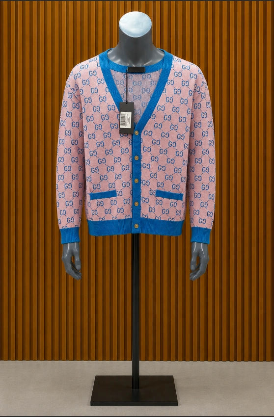 Custom pink and blue Gucci GG Monogram Cardigan.