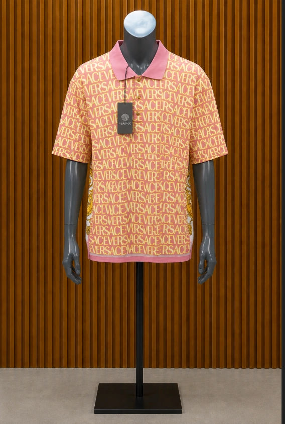 Custom peach and pink Versace Allover Logo Polo.