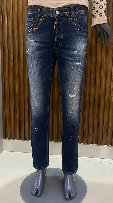 Dsquared2 All-Over Studded Distressed Skater Jeans.