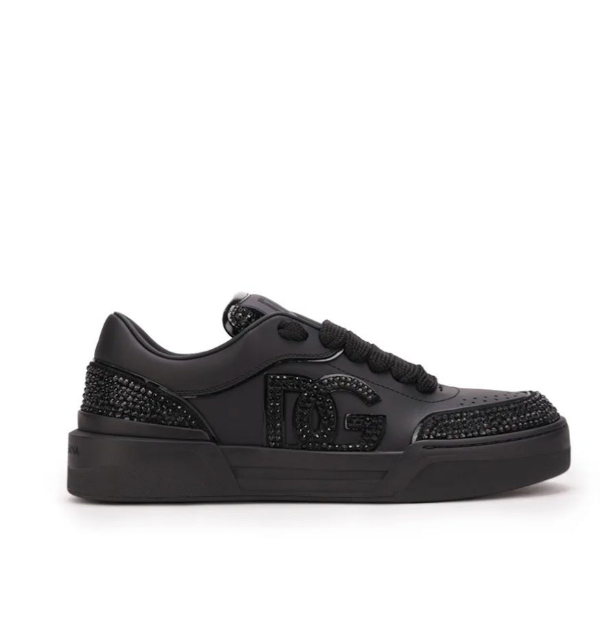 Dolce & Gabbana New Roma Rhinestone-Embellished Leather Sneakers in the Triple Black colorway.