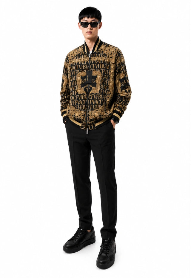 Versace Jeans Couture Black & Gold Printed Bomber Jacket.