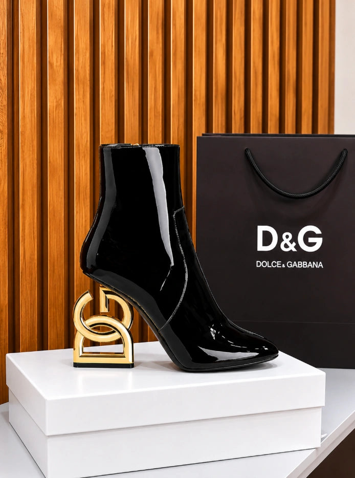 Dolce & Gabbana Patent Leather Ankle Boots with DG Pop/Karol Heel