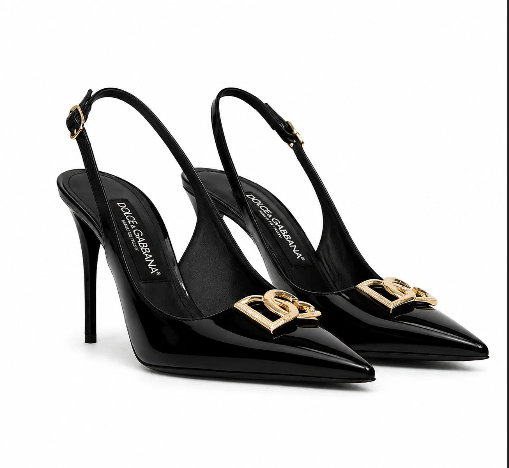 Dolce & Gabbana Patent Leather Slingback Pumps with Coin Embellishment (often variations of the Lollo or Jackie silhouette).