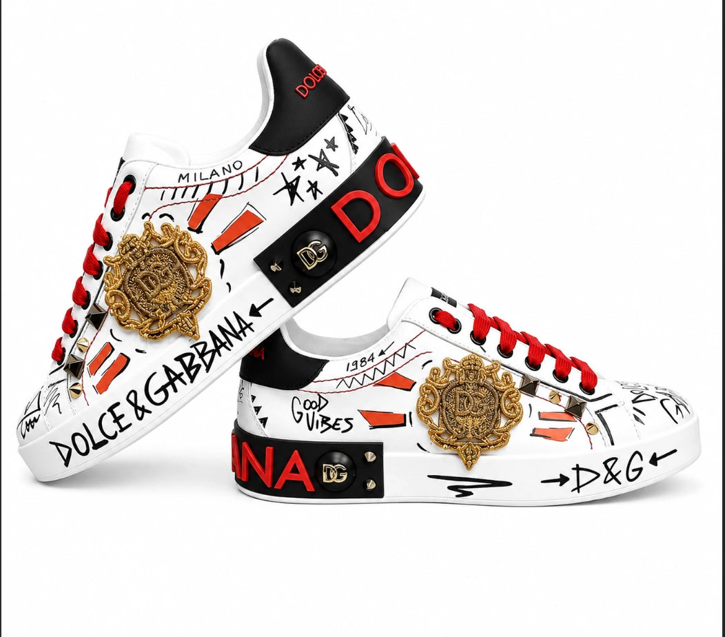 Dolce & Gabbana Portofino 'Graphic' Calfskin Sneakers with Embroidery and Studs