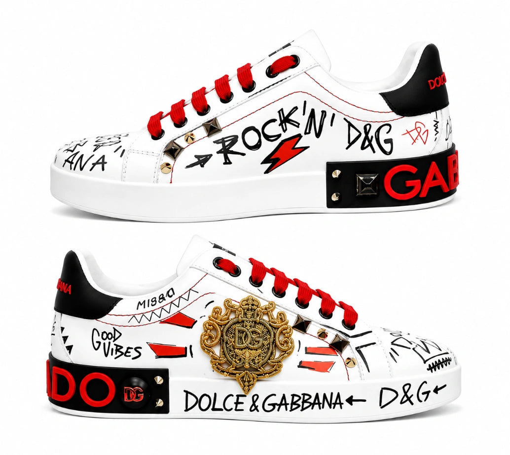 Dolce & Gabbana Portofino 'Graphic' Calfskin Sneakers with Embroidery and Studs