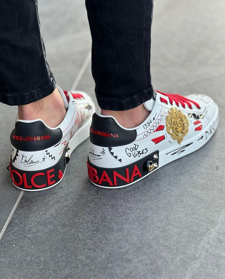 Dolce & Gabbana Portofino 'Graphic' Calfskin Sneakers with Embroidery and Studs