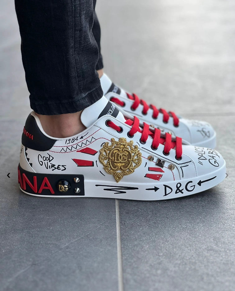 Dolce & Gabbana Portofino 'Graphic' Calfskin Sneakers with Embroidery and Studs