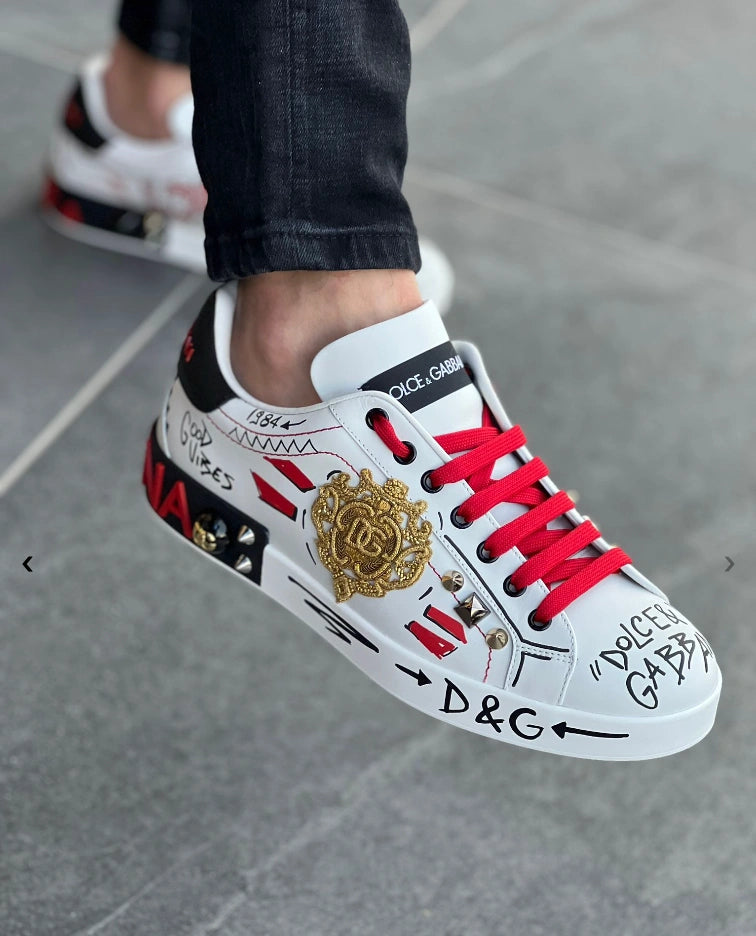 Dolce & Gabbana Portofino 'Graphic' Calfskin Sneakers with Embroidery and Studs