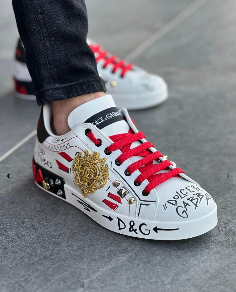 Dolce & Gabbana Portofino 'Graphic' Calfskin Sneakers with Embroidery and Studs