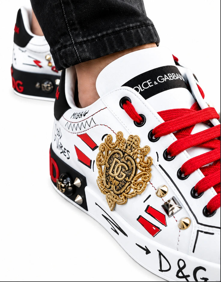 Dolce & Gabbana Portofino 'Graphic' Calfskin Sneakers with Embroidery and Studs