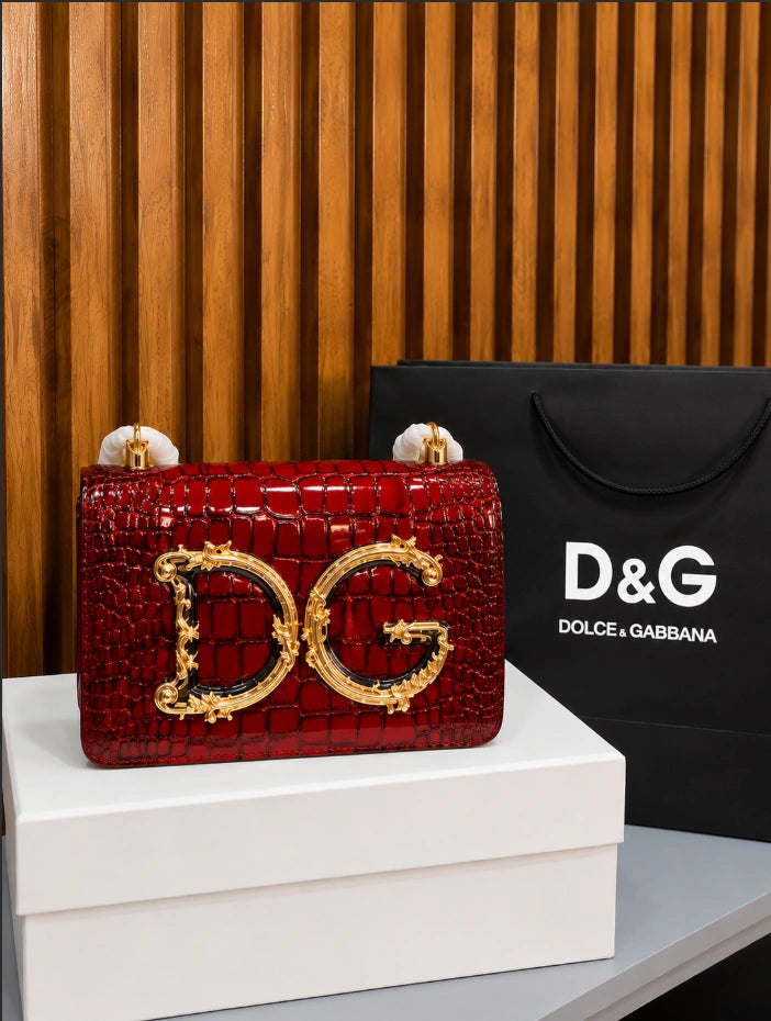 Dolce & Gabbana DG Girls Croc-Embossed Shoulder Bag in Red.