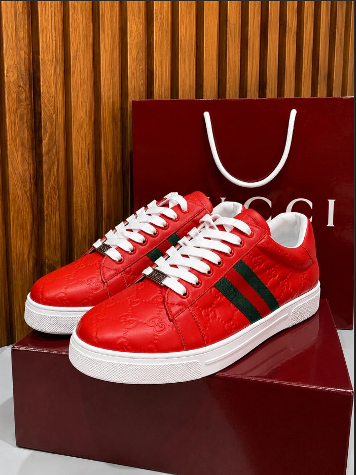 Gucci Men's Ace GG Embossed Leather Sneakers in Red