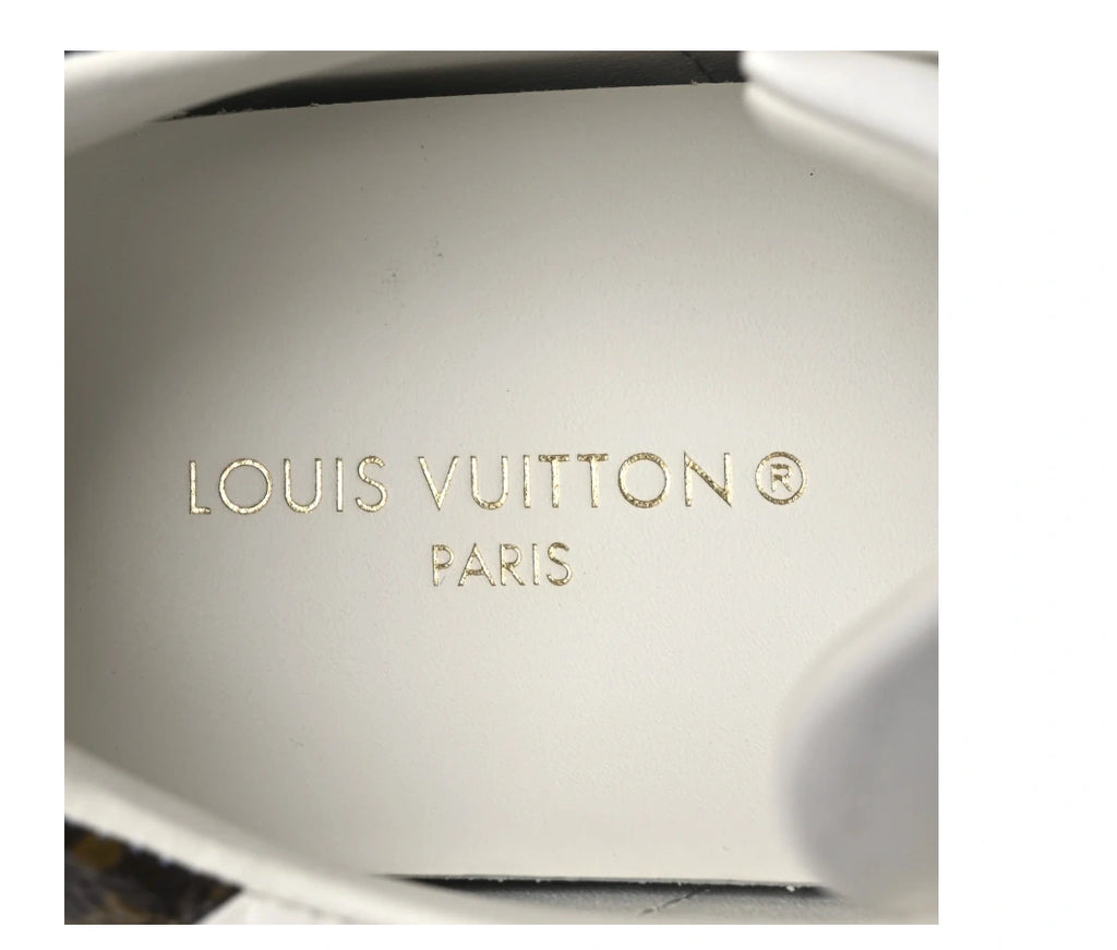 Louis Vuitton Time Out Sneakers in All-White Monogram Leather with Gold Accent.