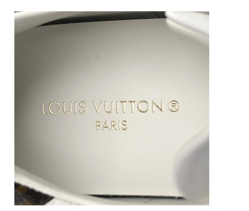 Louis Vuitton Time Out Sneakers in All-White Monogram Leather with Gold Accent.