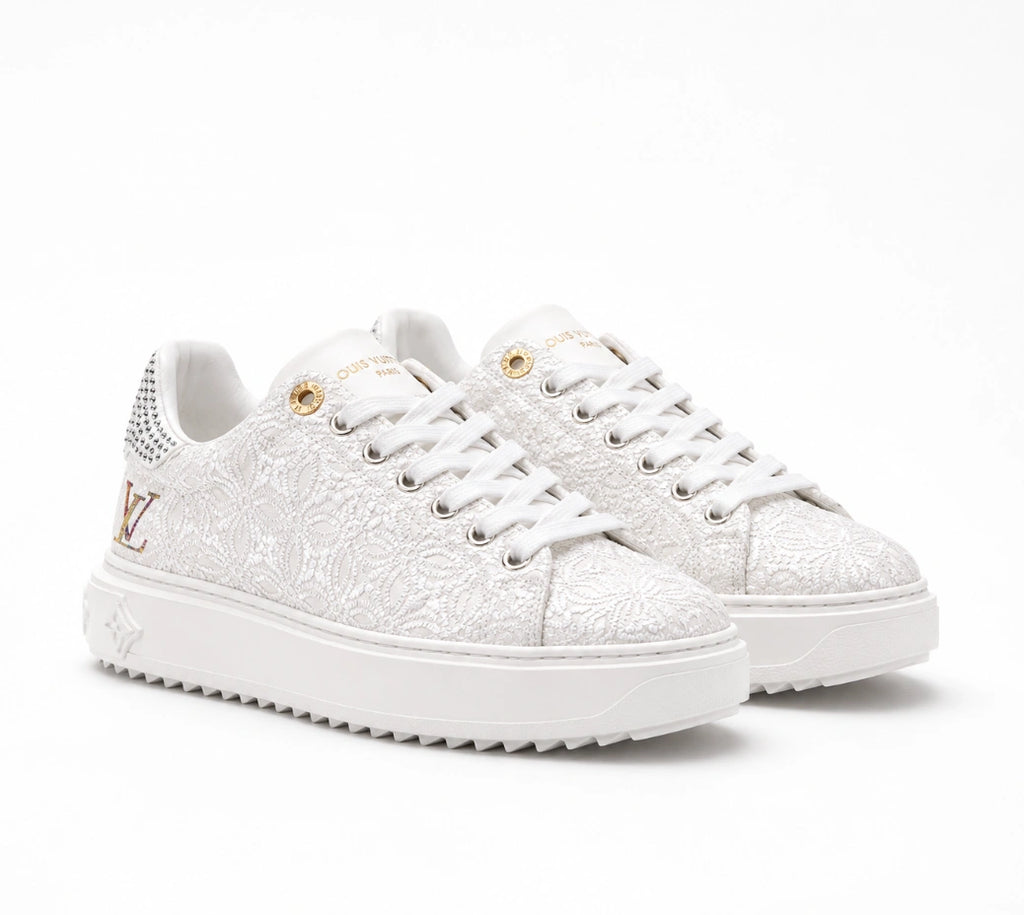 Louis Vuitton Time Out Sneakers in Broderie Anglaise / Monogram Lace with Crystal Heels.