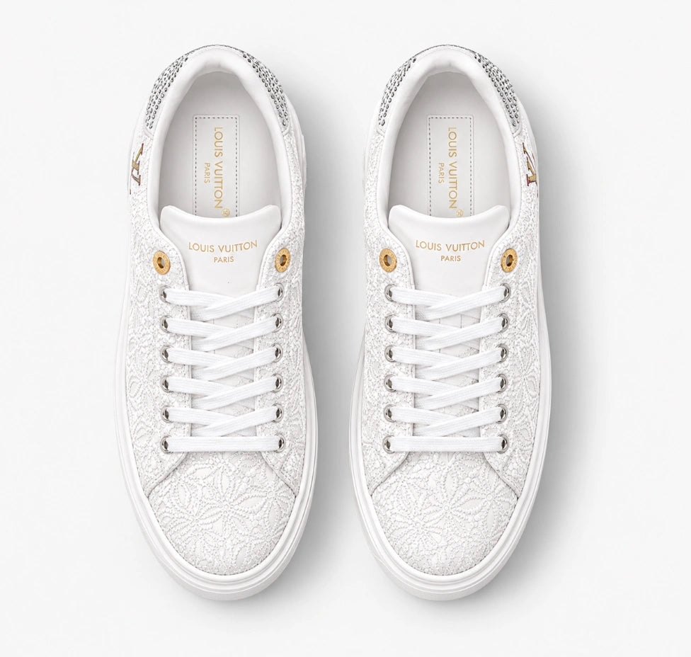 Louis Vuitton Time Out Sneakers in Broderie Anglaise / Monogram Lace with Crystal Heels.