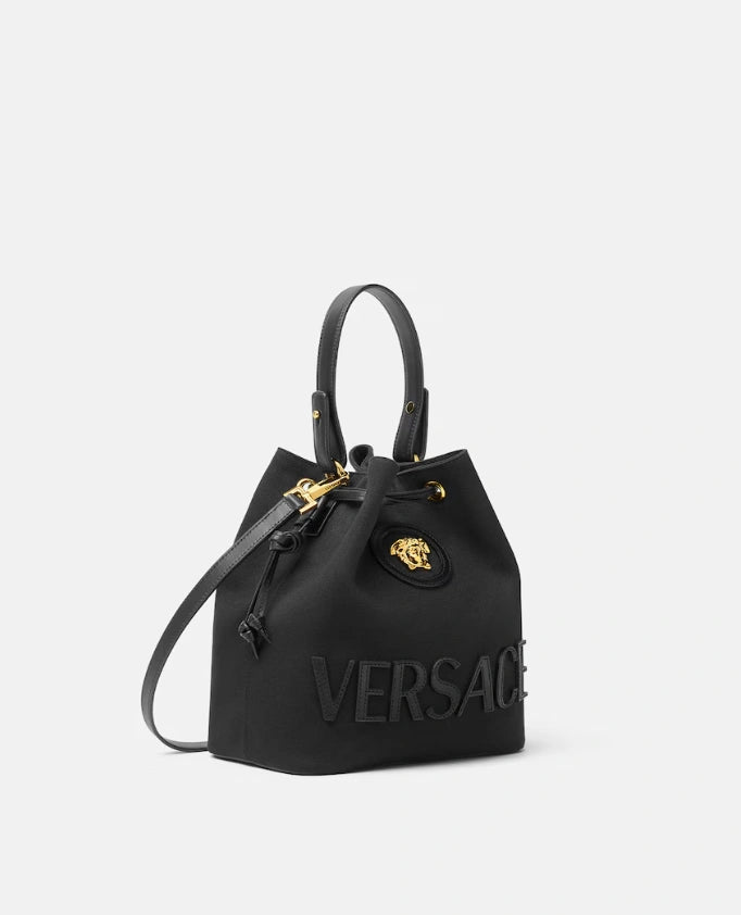 Versace La Medusa Canvas Bucket Bag In Black