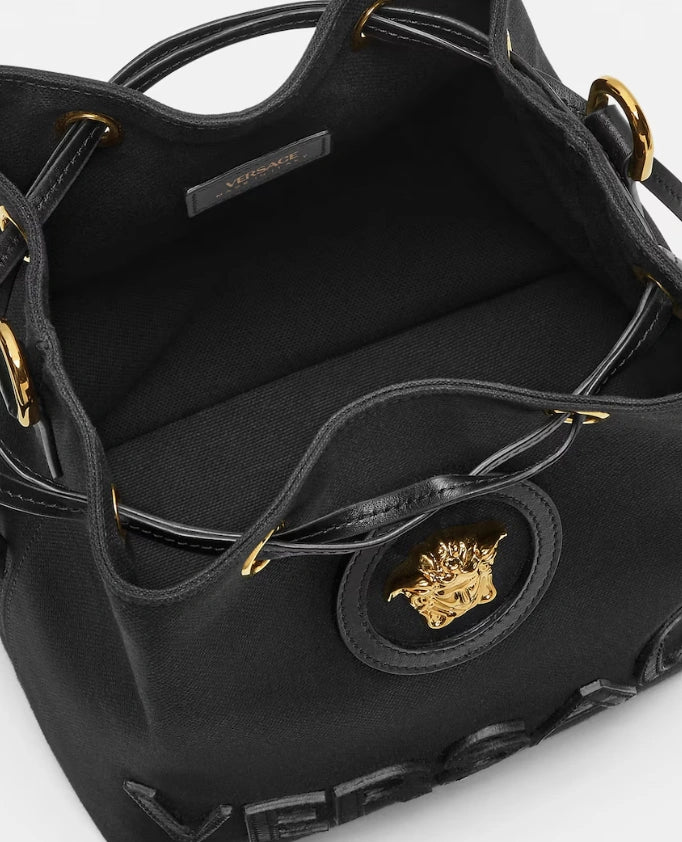 Versace La Medusa Canvas Bucket Bag In Black