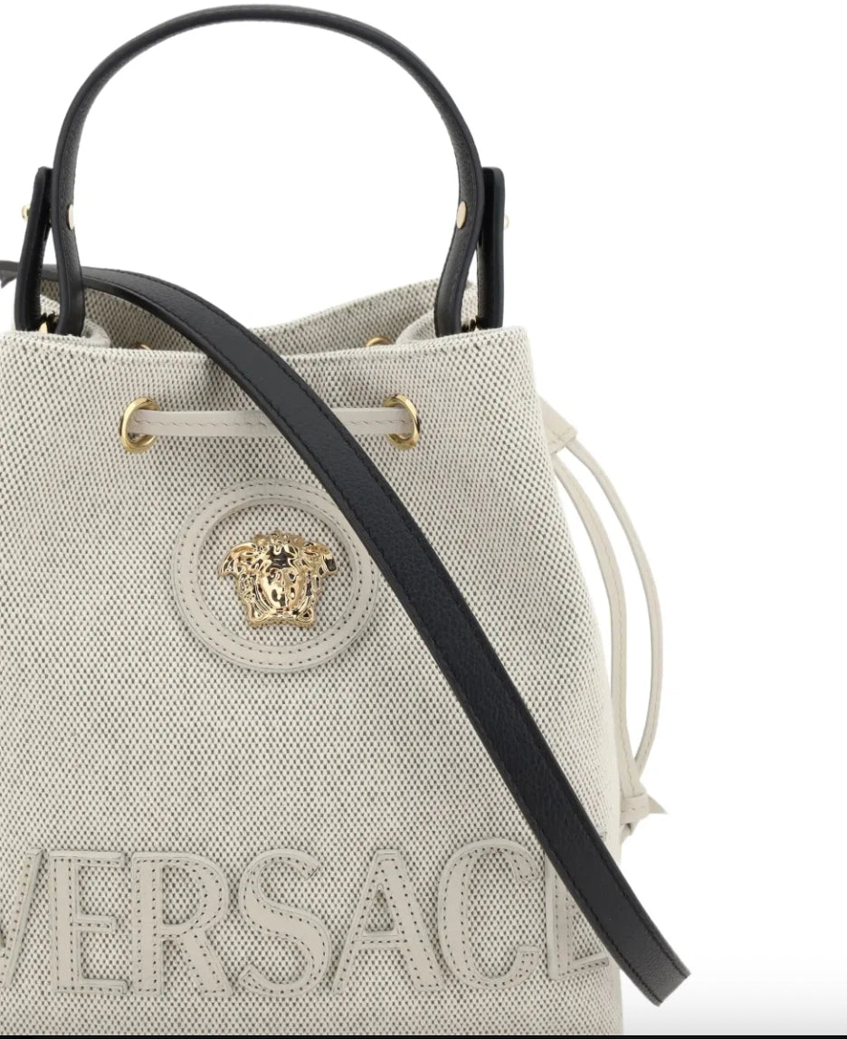 Versace La Medusa Canvas Bucket Bag in Beige / Neutrals