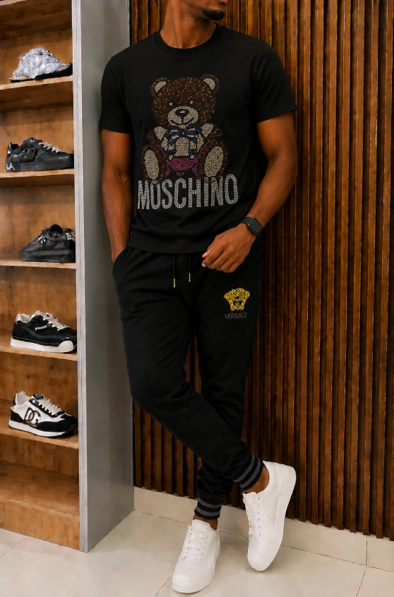 Moschino Teddy Bear Rhinestone T-Shirt in a sleek black colorway.